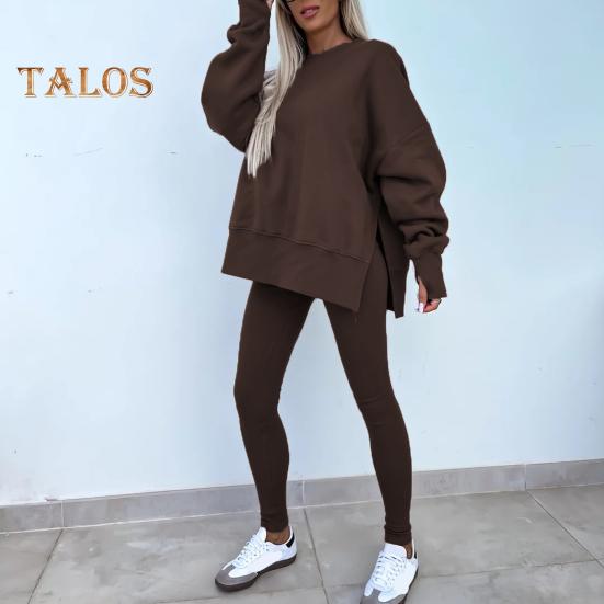 2 шт./комплект женский топ брюки костюм круглый вырез длинный рукав асимметричный подол толстовка эластичный пояс однотонные брюки зимний повседневный спортивный костюм