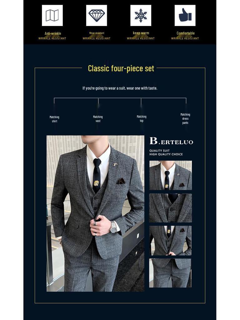 Мужской приталенный костюм-тройка в корейском стиле, весенний, повседневный