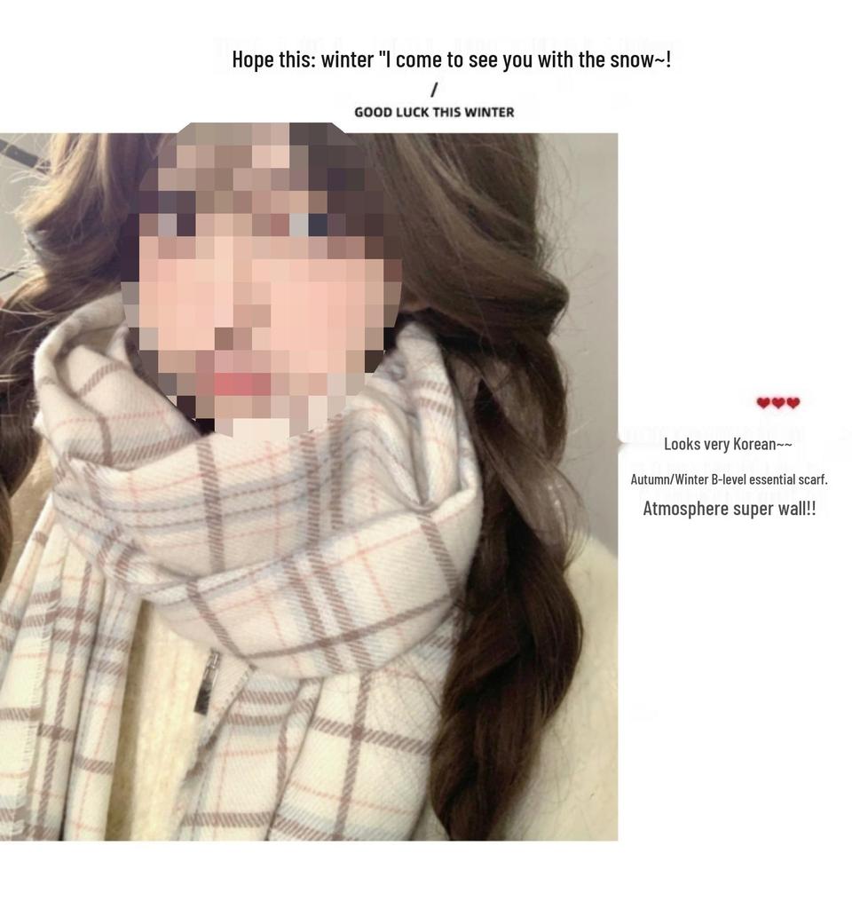 Milky Beige Plaid Thickened Scarf: Korean Style for Winter 2025