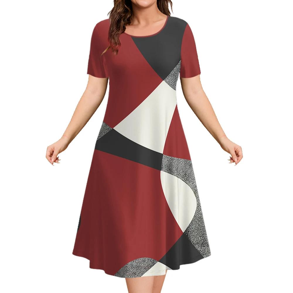 Летние платья для женщин Лоскутные принты Клетчатая одежда Столкновение цветов Вечернее платье Простой короткий рукав пуловер А-силуэт юбка