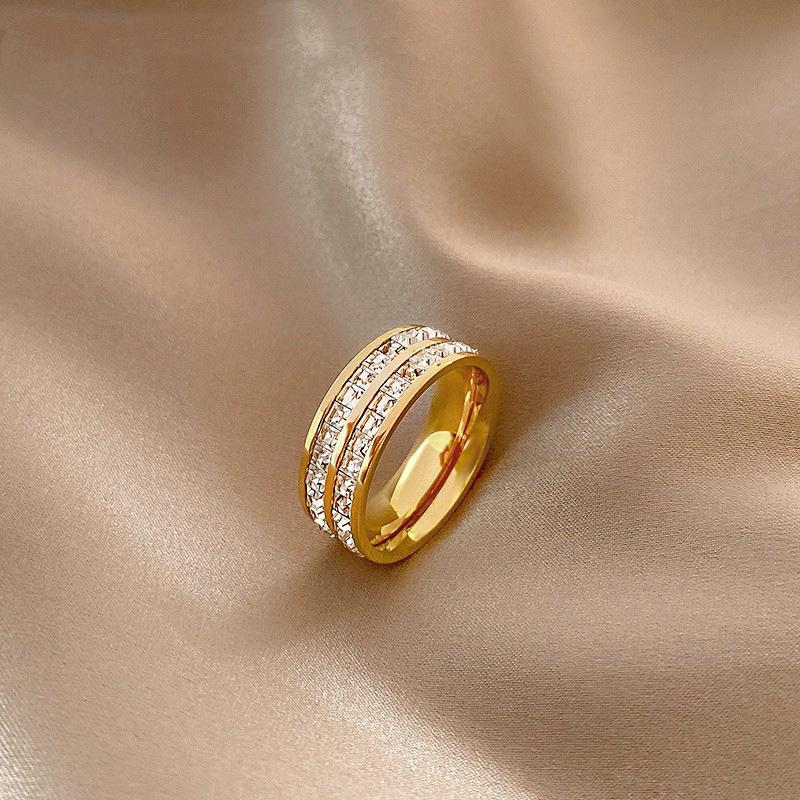Luxury Rose Gold Color Double Row Square Zircon Stainless Steel Ring for Women Romantic Engageme Wedding Party  Female
