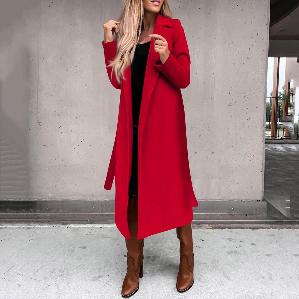 Women's Winter Woolen Coat Elegant Lapel Trench Coat Solid Color Long Jacket Work Tie Long Coat