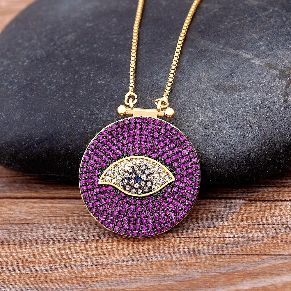 Classic Round Shape Cubic Zirconia Evil Eye Pendant Green/Purple Color Lucky Turkish CZ Necklace Copper Link Chain Jewelry Gift