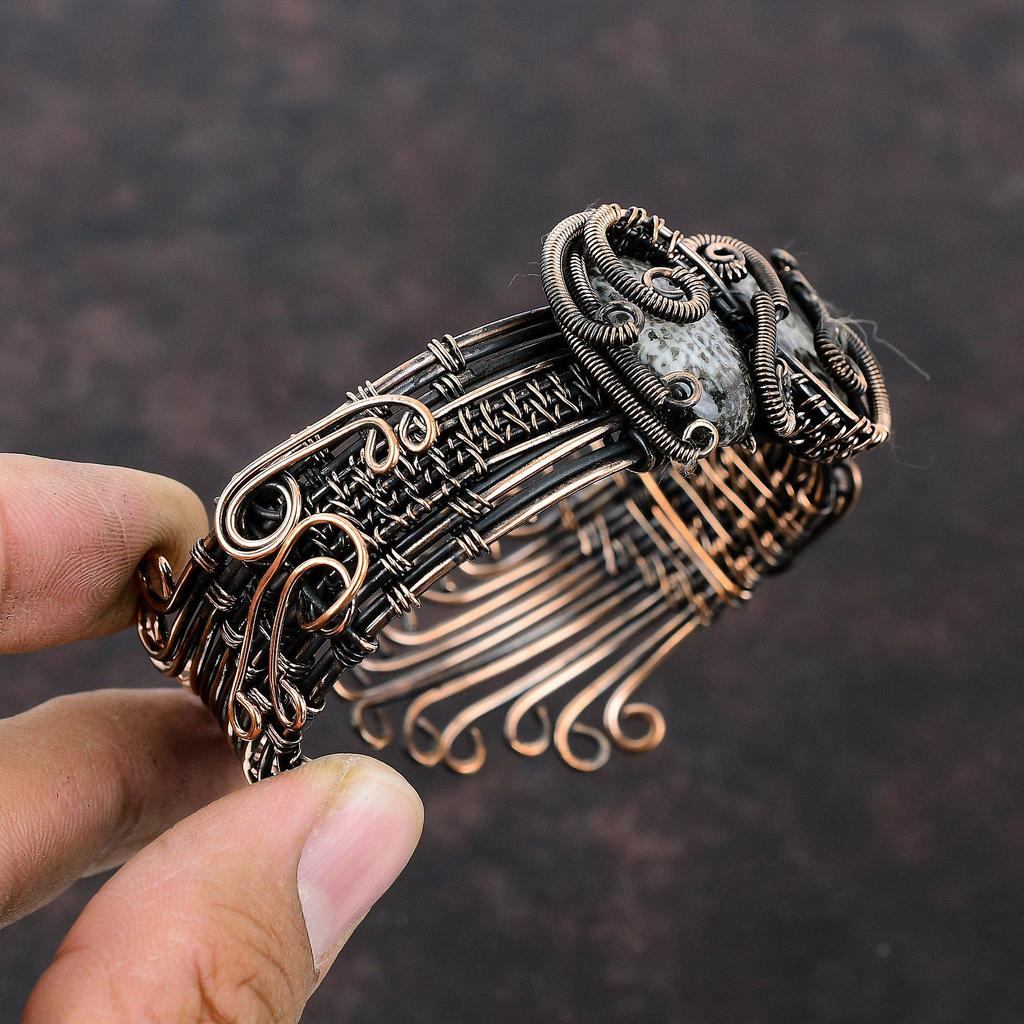 Браслет-манжета со скатом и кораллом, браслет из медной проволоки, ювелирные изделия ручной работы, регулируемый браслет, подарок для друга, браслет с драгоценными камнями, медные украшения