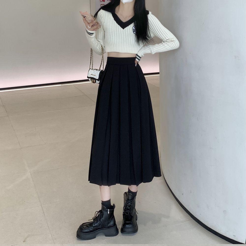 Длинная плиссированная юбка, женская винтажная корейская модная однотонная юбка трапециевидной формы с высокой талией, элегантная повседневная осенняя школьная юбка для девочек