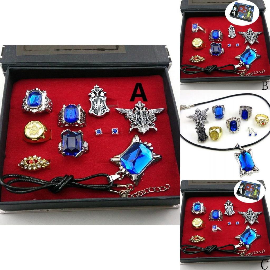 Stunning Black Butler Kuroshitsuji Ciel Phantomhive Cosplay Rings Necklace And Ear-nail Set For Fashion Enthusiasts