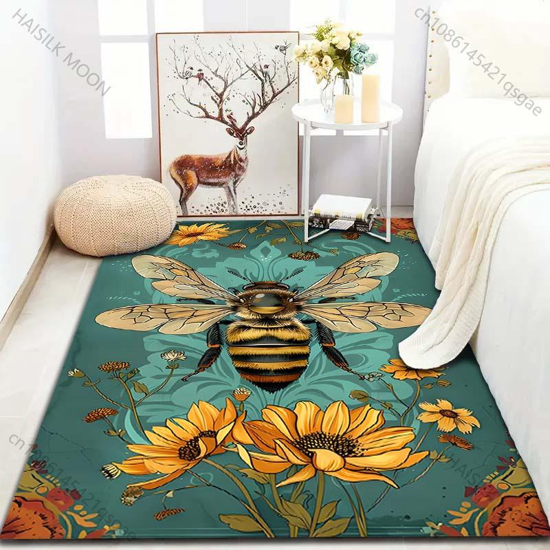 Vintage Bee Sunflower Print Carpet for Living Room Bedroom Bedside Sofa Table Floor Mat Music Room Area Rug Home Decor Gifts