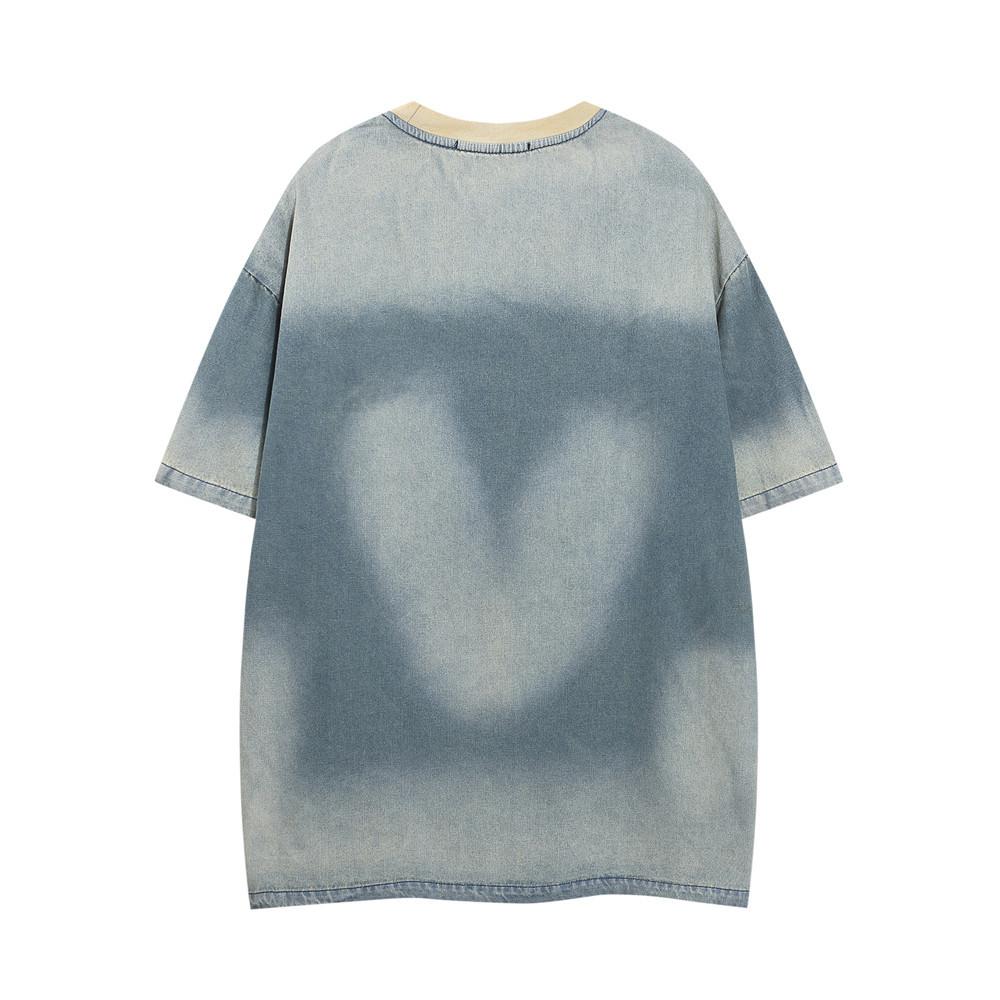 Джинсовая футболка с вышивкой букв и круглым вырезом, с короткими рукавами, модная американская уличная мужская футболка оверсайз, летняя футболка с рукавами четверти