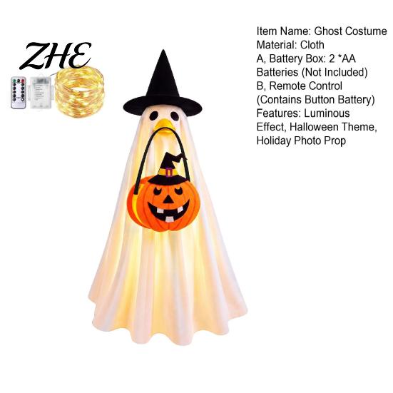 Light Up Halloween Outfit Glowing Ghost Costume with Witch Hat & Pumpkin Tote Bag, LED Theme Party Fabric for Kids, Spooky Cosplay And Yard Decoration