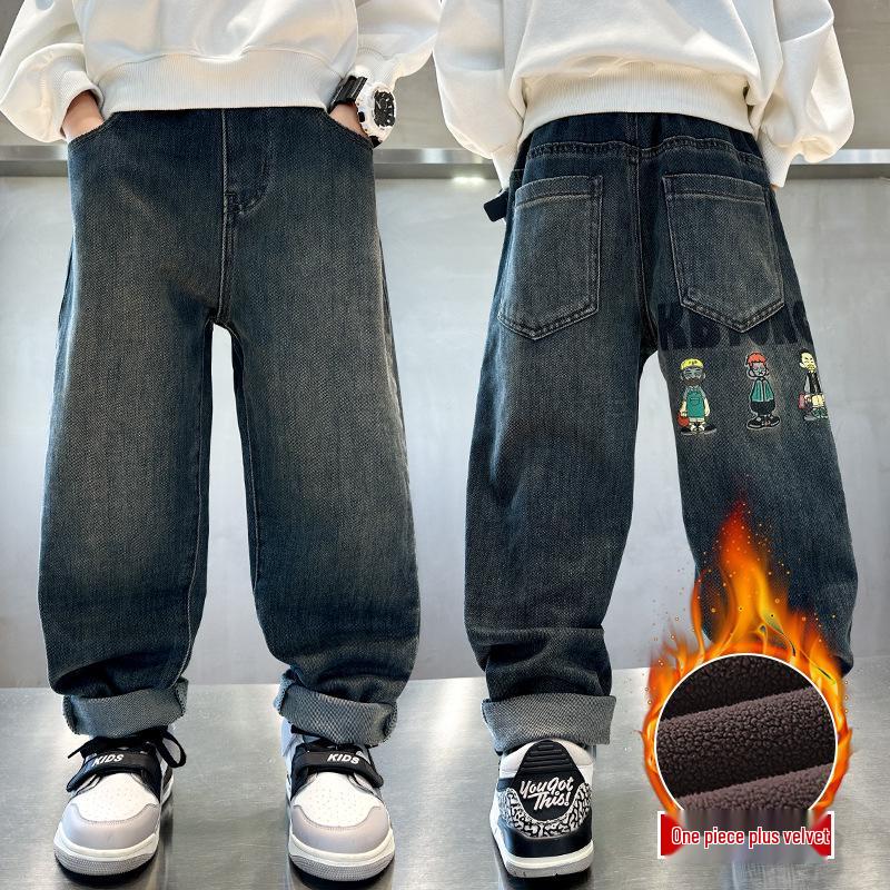 Детские зимние джинсы с толстой флисовой подкладкой - Теплые хлопковые брюки для детей среднего и старшего возраста (Коллекция 2025 г.)