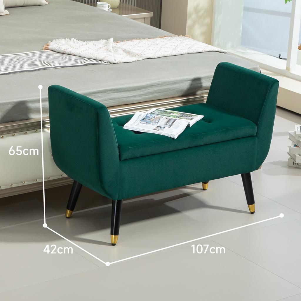 Upholstered Bench with Storage, Armrests, Velvet-Like Polyester, Rubberwood, 107 x 42 x 65 cm, Green