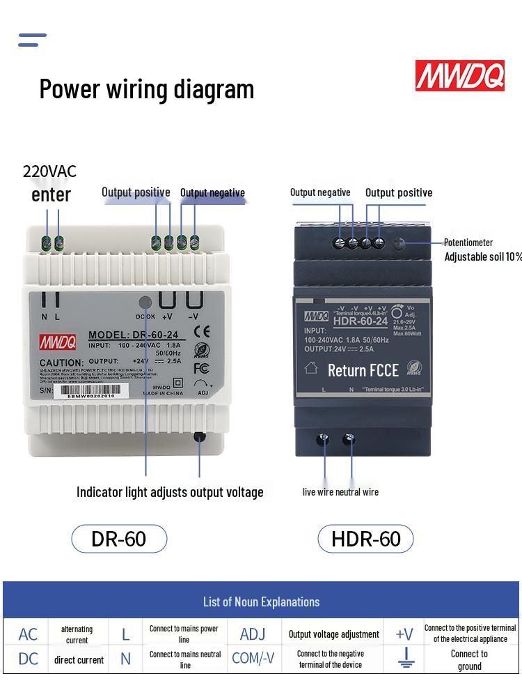 HDR-30 DIN Rail 24V Switched-mode Power Supply, DR-60-12 DC Transformer 220V to 5V, 30/100/15W.