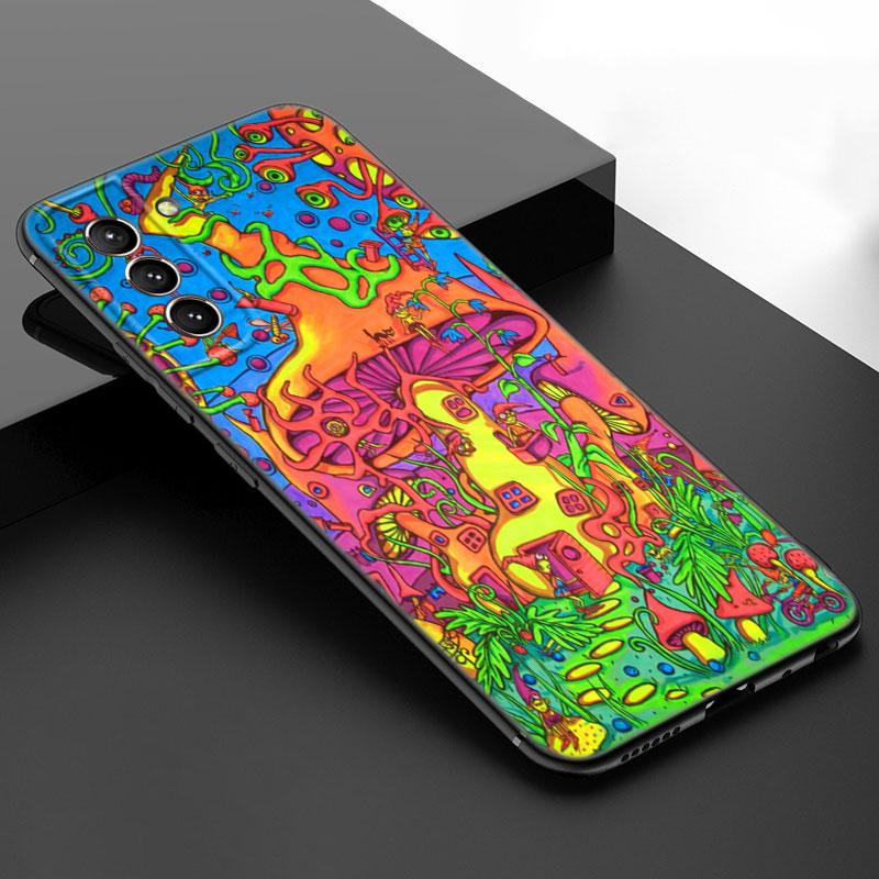 Aesthetic Trippy Mushrooms Black Silicone Phone Case For Samsung Galaxy S23 S21 S20 FE S24 S22 Ultra S10E S10 S9 S8 Plus