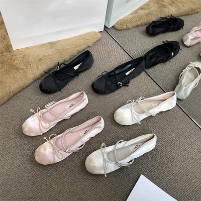 Модные балетки Женская обувь Сатиновые летние туфли Круглый носок Балетки Бант Пряжка Розовые Элегантные Женские Балетки