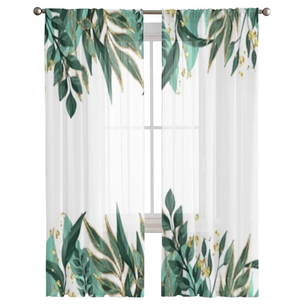 Summer Plants Green Leaves Sheer Window Curtains For Living Room Bedroom Modern Voile Tulle Curtains Fabric Drapes For Kitchen