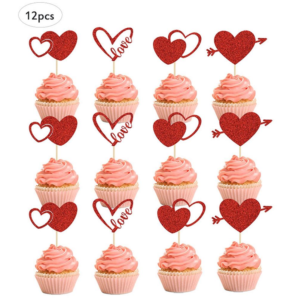 YOMDID 12Pcs Glitter Cake Toppers Red Love Cupcake Toppers Valentine's Day Party Cake Decorations For Weddings Engagements