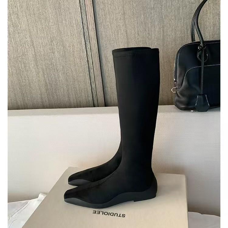 Elastic boots, fashionable comic leg temperament, square head flat bottom bare boots, mid-leg thin boots, women's fashion boots