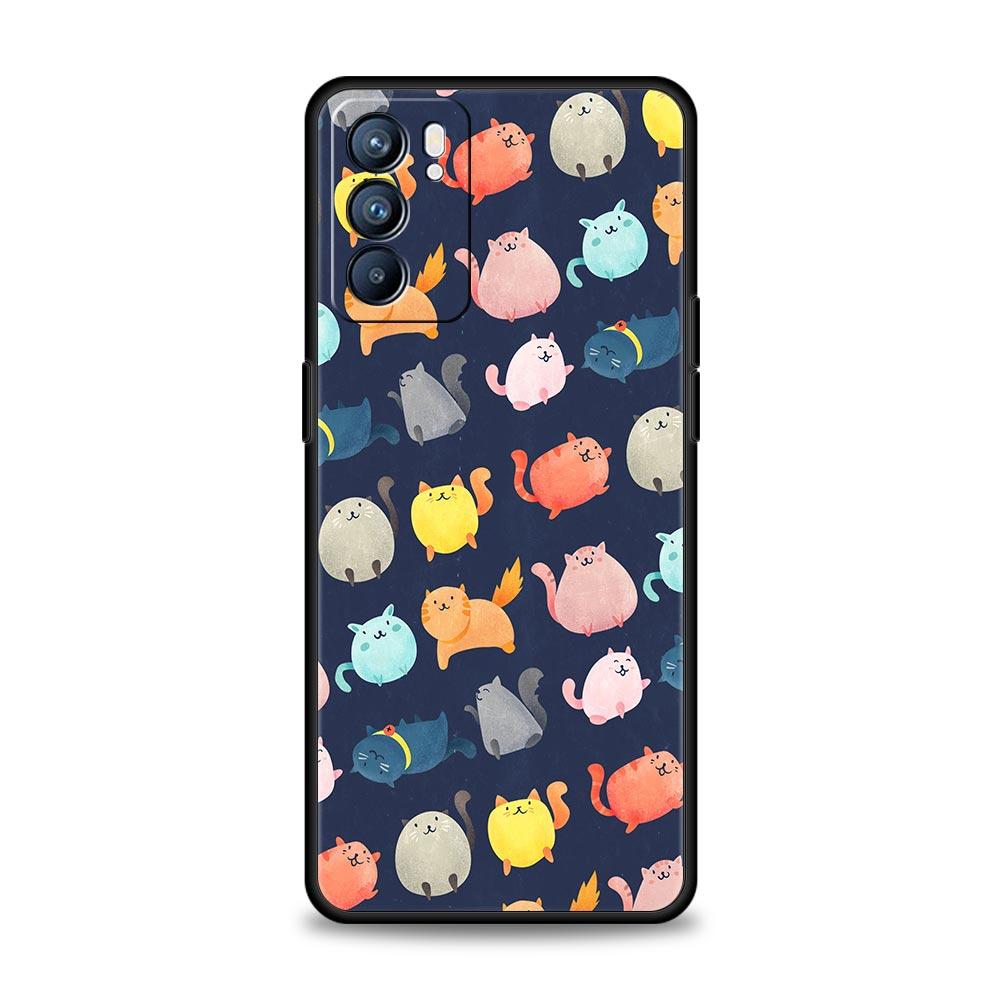 Cartoon Cute Cats Background Phone Case For Oppo Find X5 A53 A52 A9 2020 A54 A15 A95 A16 A76 A74 A12 Reno7 Pro SE Reno6 Z Cover