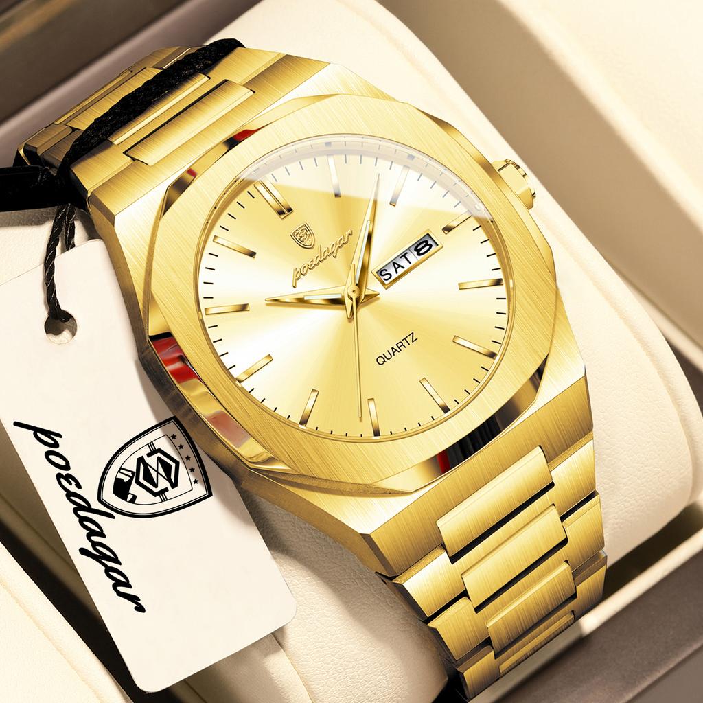 POEDAGAR Luxury Fashion Men Watch Stainless Steel Quartz Business Watches For Man Waterproof Luminous Date Week Male Clock Reloj