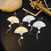 Chinese Carved Folding Fan Pearl Earrings with Tassel, Retro Hanfu Style, No-Piercing Ear Clips