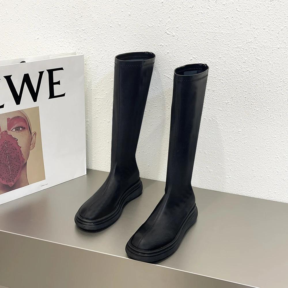 Fashion Winter Cotton Women's High Boots Fashion Soft Leather Back Zippers Long Botas Ladies Comfort Short Plush Knee High Booties