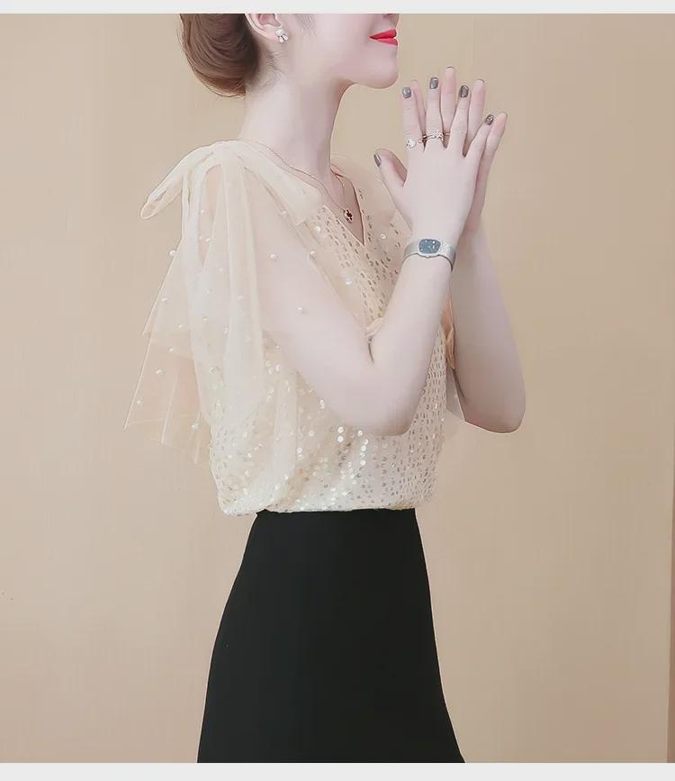 Women's Short Sleeve Sequined Chiffon V-Neck Shirt - Elegant, Fashionable, Loose Fit Top for Mature, Fairy-Inspired Summer Style