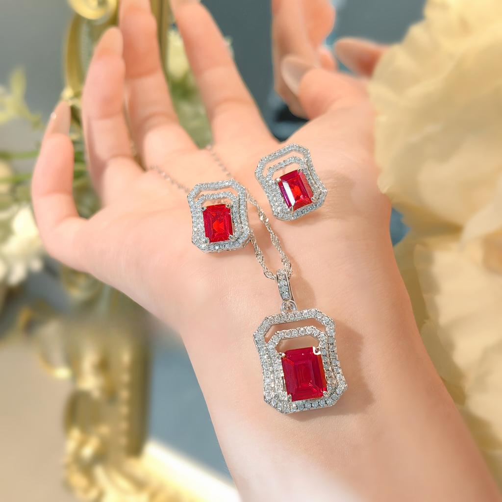 Autumn and Winter New Square Red Corundum Pendant Jewelry Set Retro High-end High-carbon Diamond Stud Earrings Necklace Women