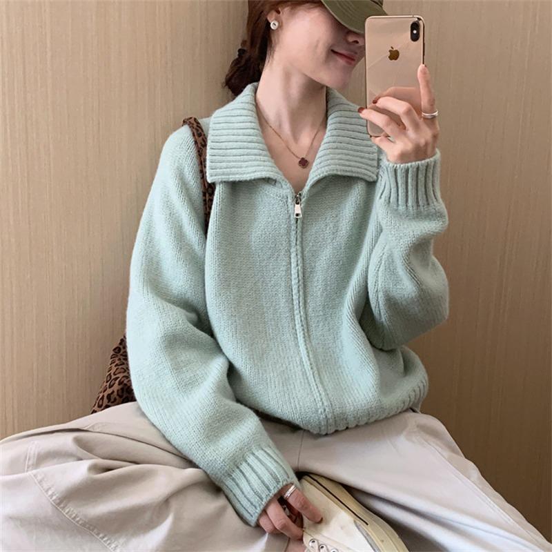 Высококачественный модный женский вязаный кардиган-куртка с лацканами и двойной молнией, новинка осенне-зимнего сезона, повседневный ленивый стиль