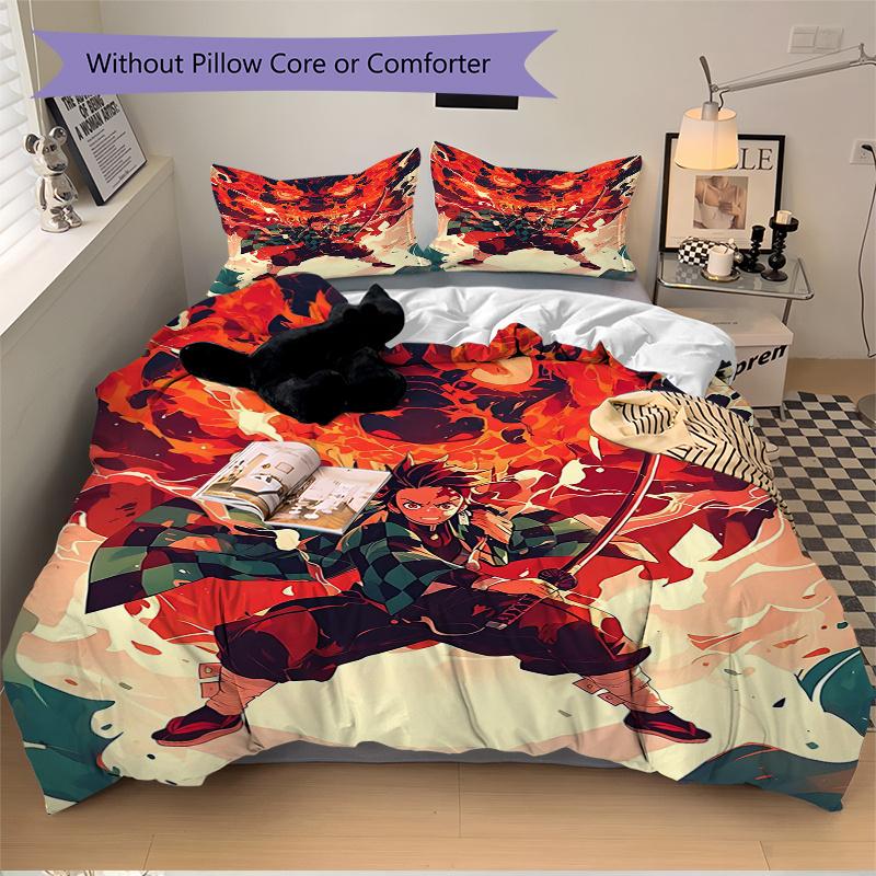 3pcs Demon Slayer Tanjiro's Quilt Cover Set - Soft & Comfortable Polyester Fabric, All-Season Breathable Comforter Set For 1 Quilt Cover & 2 Pill