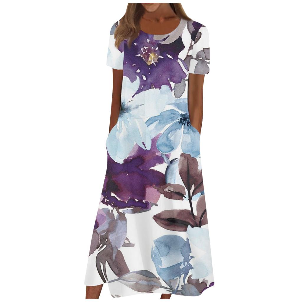 Women's Summer Casual Fashion Floral Print Short Sleeve Round Neck Pocket Dress