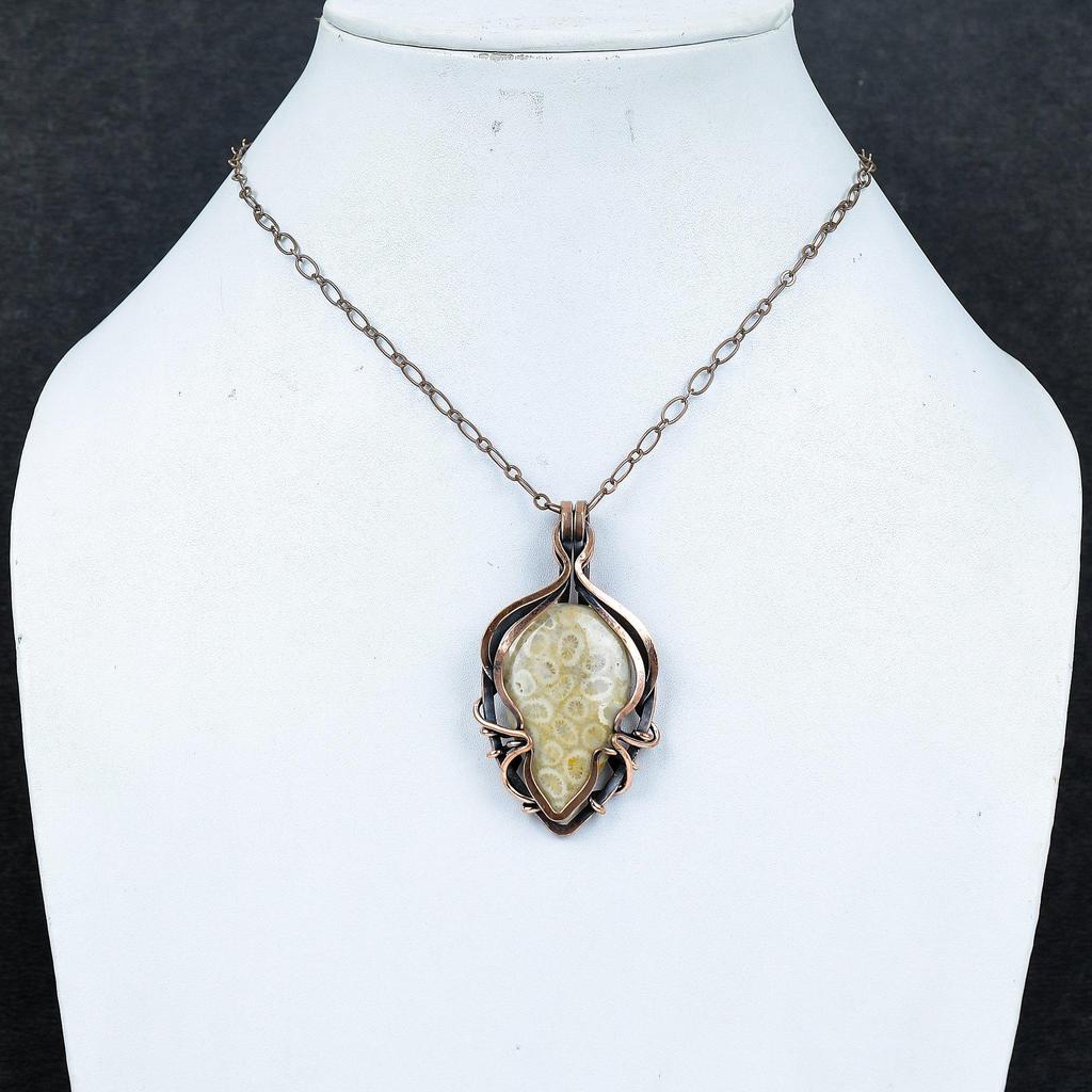 Подвеска из ископаемого коралла, обернутая медной проволокой 999 пробы, украшения из драгоценных камней ручной работы, подарки для жены, совершенно новая ювелирная подвеска