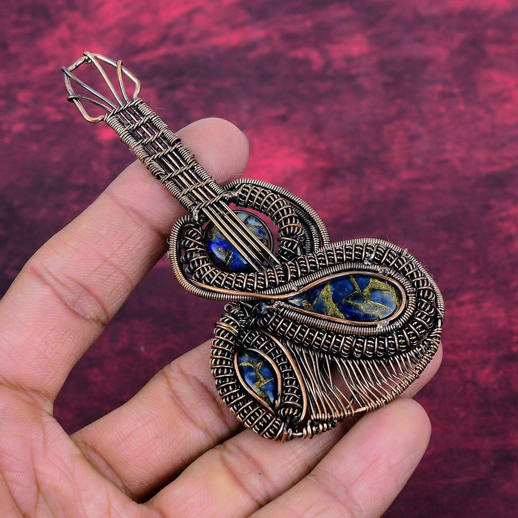 Copper Sodalite Gemstone Pendant Guitar Pendant Copper Wire Wrapped Jewelry