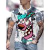 Men's 3D Cartoon Dog Printed T-shirt Polyester Machine Washable Round Neck Knitted Fabric Cowardly Dog Pattern T-shirt