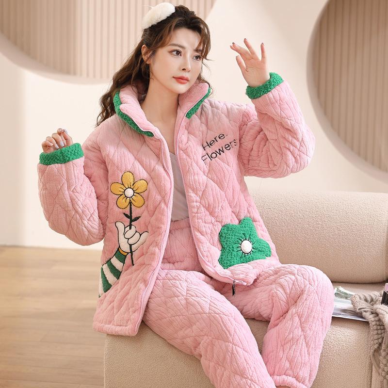 Коралловая бархатная трехслойная стеганая куртка и пижама для женщин Зимний фланелевой домашний костюм с очень толстой теплой молнией и бархатом