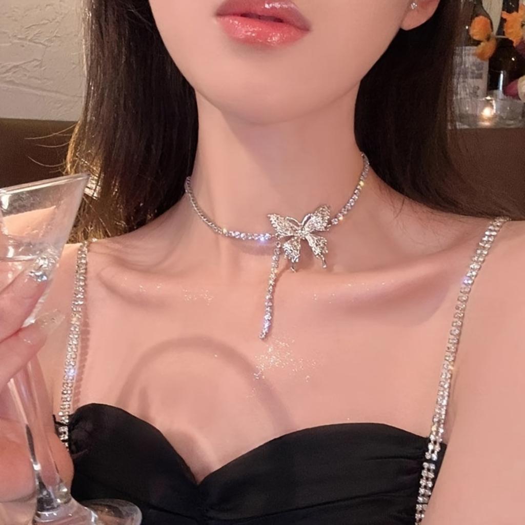 1pc Elegant Y2K Style Butterfly Pendant Rhinestone Necklace for Women Sparkling Chain Jewelry for Daily Wear & Party Accessories