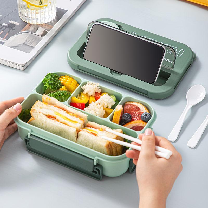 1300ML Portable with Grid Division Lunch Box Kids Students Office Bento Box with Fork and Spoon Microwave Food Storage Container
