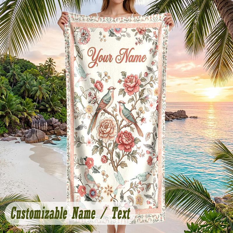 Floral Birds Artwork 1 Theme Quick Dry Beach Towel Custom Name Text Print Large Sand Resistant Towel Beach Vacation