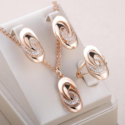 Необычная Геометрия Глянцевые Повседневные Наборы Изысканных Ювелирных Изделий Цвет Розового Золота Натуральный Циркон Большое Кольцо Серьги Ожерелье Для Женщин