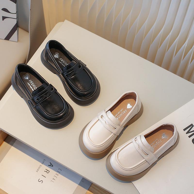 Детская кожаная обувь весна-осень черные туфли для школьниц модные толстые детские туфли принцессы без застежек одинарные туфли