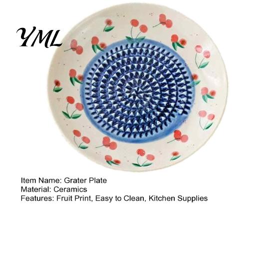 Non Slip Kitchen Grater Ceramic Garlic Plate, Fruit Print Ginger Cheese Manual Grinder, Safe Grinding Disc Multi-function Mincer Dish for Onion,