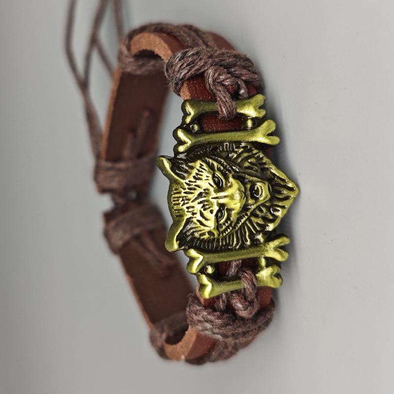 Европейский и американский ретро плетеный браслет из ПУ кожи с регулируемой головой волка для мужчин