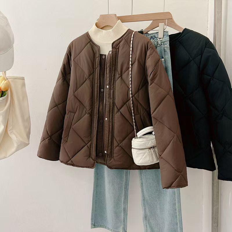 Autumn and Winter Thin Down Cotton Cotton Jacket Collarless Rhombus Grid Small Man Thin Women's Jacket