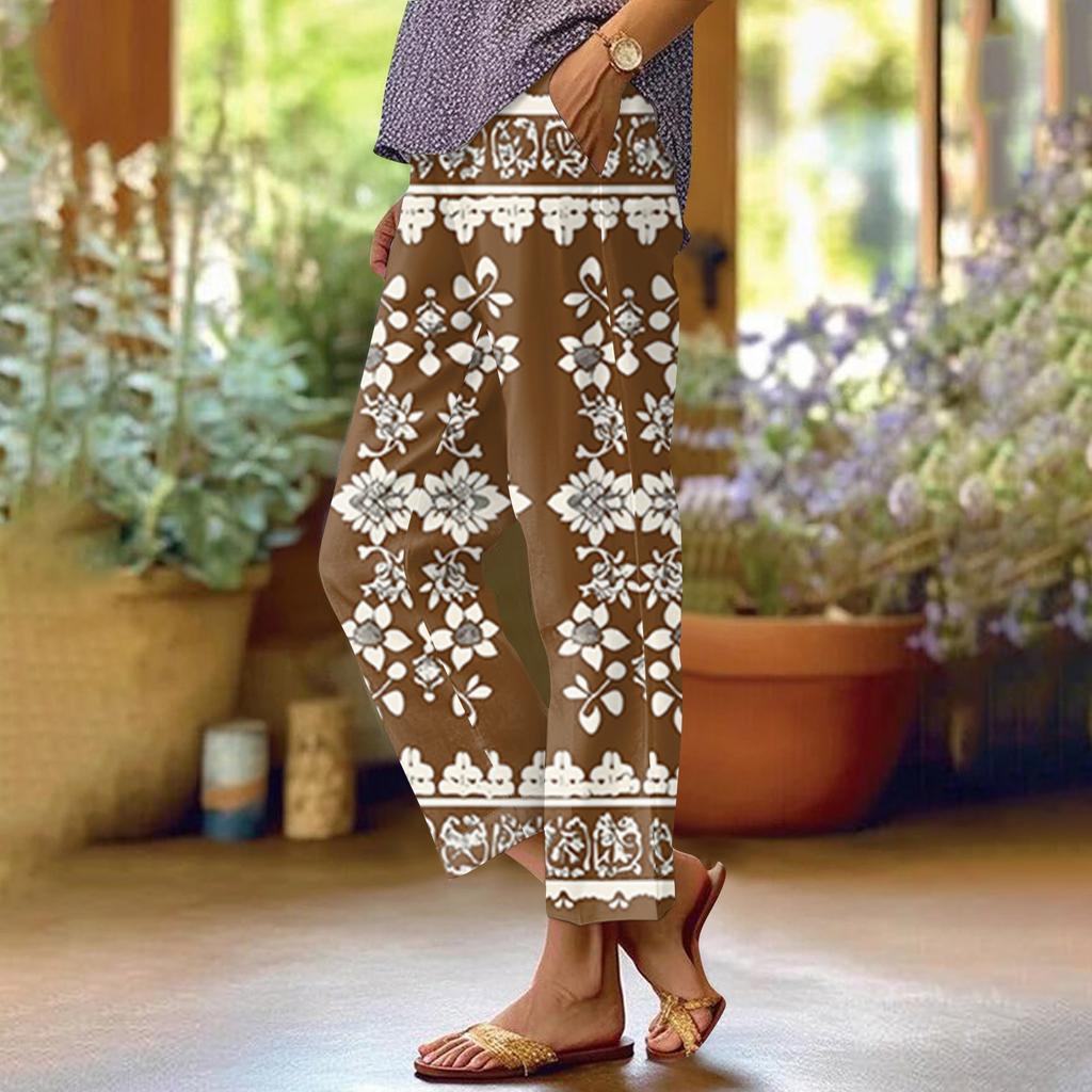 Женские модные повседневные брюки с цветочным принтом, прямые брюки с карманами и эластичной талией