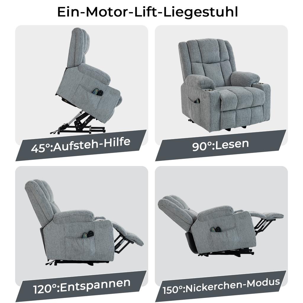 8205, Electrically adjustable armchair, stand-up assist, massage function and heat application, footrest, two side pockets and cup holder, light grey