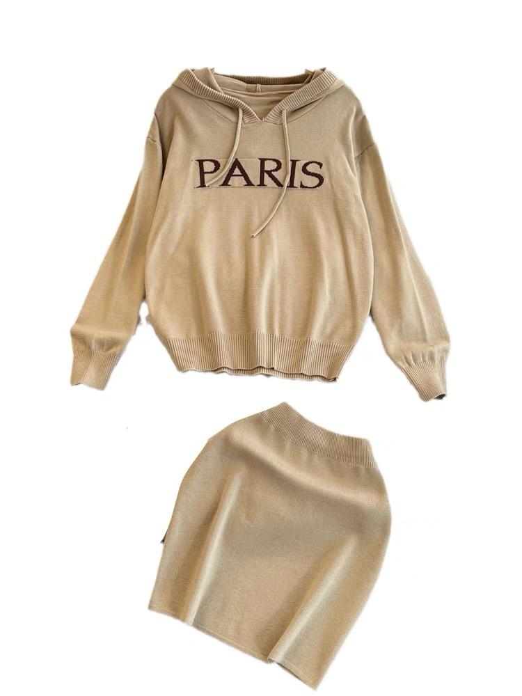 Spring Autumn Brand Designer Runway Outfits Women Knitted Sweater Letter Hooded Sweatshirt and Mini Short Sheath Skirt Two Piece Set