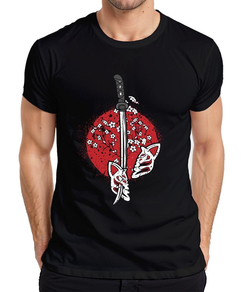 Katana Samurai Kitsune Mask Sakura Cherry Blossoms Japan Sun Men's T-Shirt