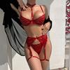 1 Set Sexy Bra Panties Garter Set Lace Low-cut Push Up Multi Strap High Waist Elastic Thin Halter Neck Honeymoon Wedding Night Lady Underwear Set