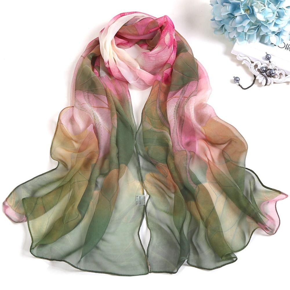 Fashion Floral Printing Silk Scarf Smooth Breathable Women Foulard Lotus Leaf Long Wraps Women