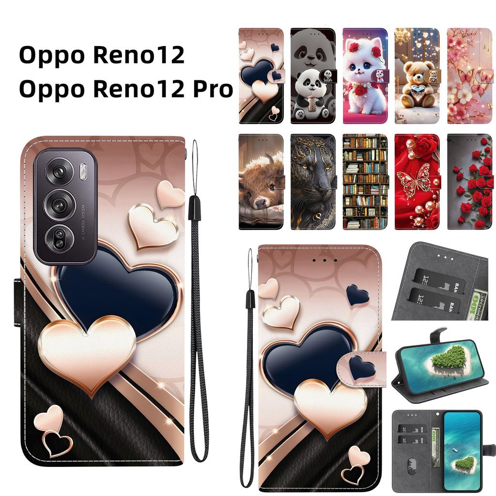 Чехол-книжка из искусственной кожи ручной работы для Oppo Reno12/Reno12 Pro, противоскользящий противоударный чехол с ремешком на запястье и дизайном в виде сердечек/роз/кошек