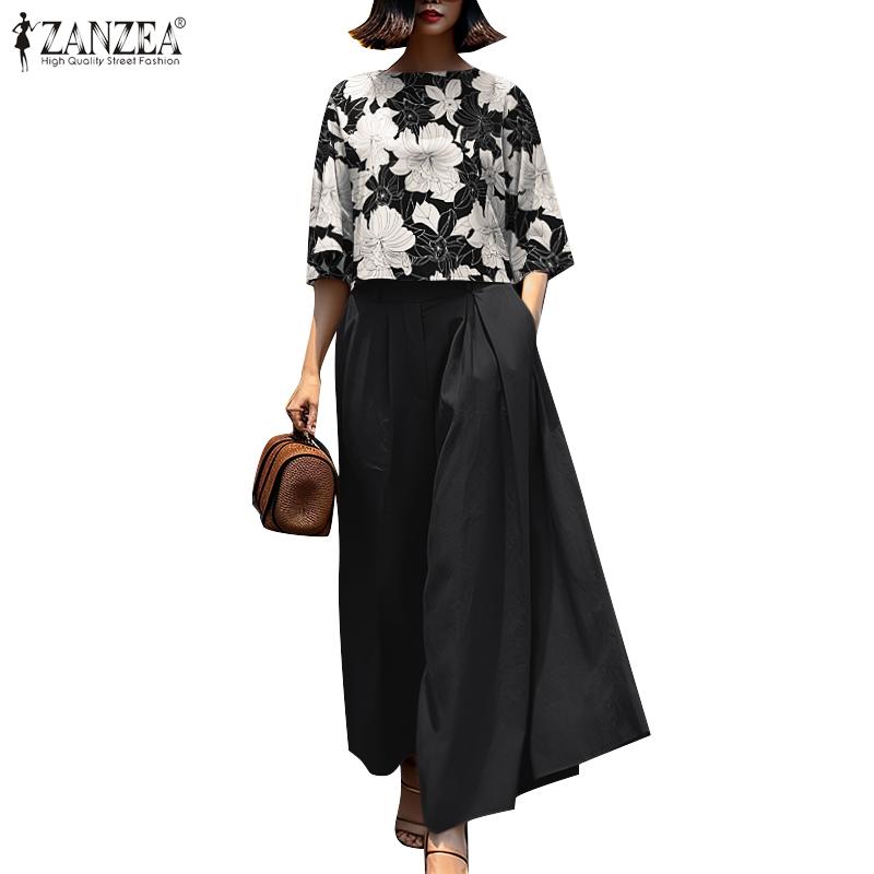 ZANZEA Женский комплект из двух частей: блузка с цветочным принтом и широкие брюки с рукавами 3/4